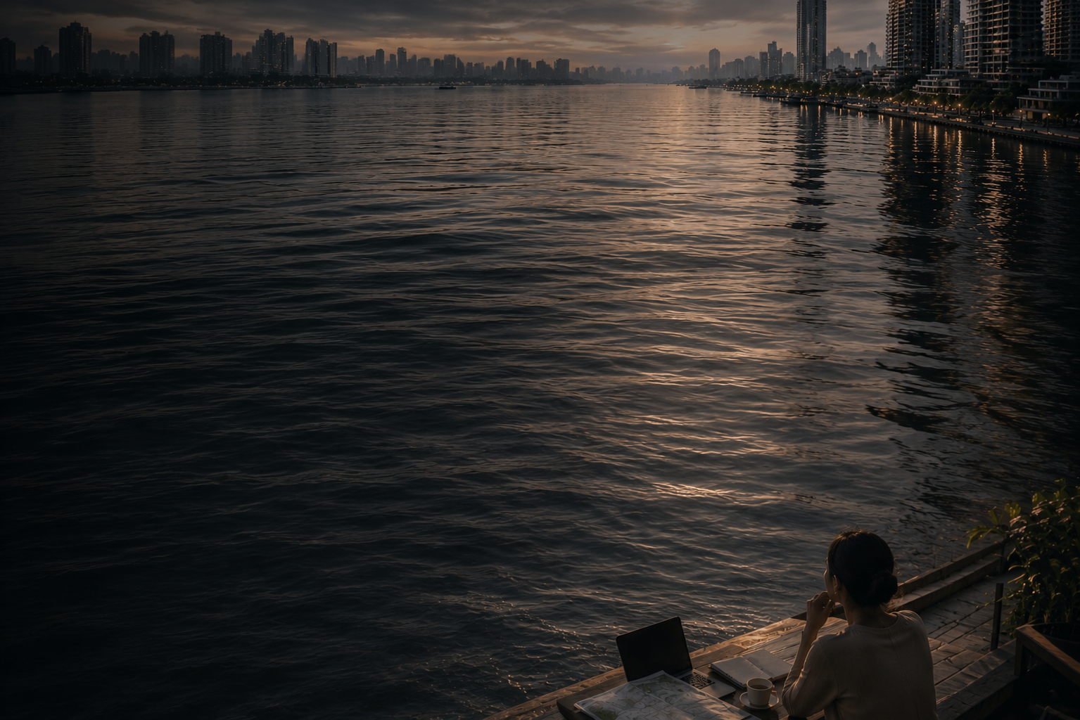 A quiet evening on the water in Thailand, the city lights just starting to show
